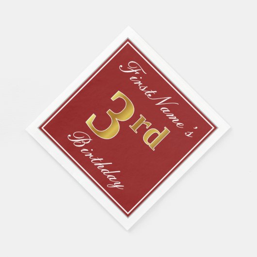 赤エレガント、フェイク金ゴールド3回目の誕生日+名前をカスタムする スタンダードランチョンナプキン (角)