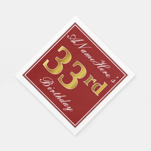 赤エレガント、フェイク金ゴールド33番目の誕生日+名前をカスタムする スタンダードランチョンナプキン (角)