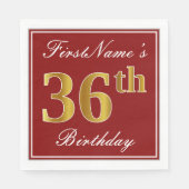 赤エレガント、フェイク金ゴールド36番目の誕生日+名前をカスタムする スタンダードランチョンナプキン (正面)