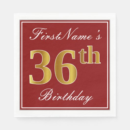 赤エレガント、フェイク金ゴールド36番目の誕生日+名前をカスタムする スタンダードランチョンナプキン (正面)