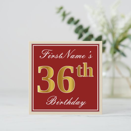 赤エレガント、フェイク金ゴールド36番目の誕生日、名前をカスタムする 招待状 (スタンド正面)