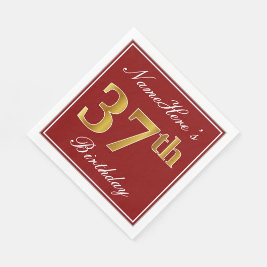 赤エレガント、フェイク金ゴールド37番目の誕生日+名前をカスタムする スタンダードランチョンナプキン (角)