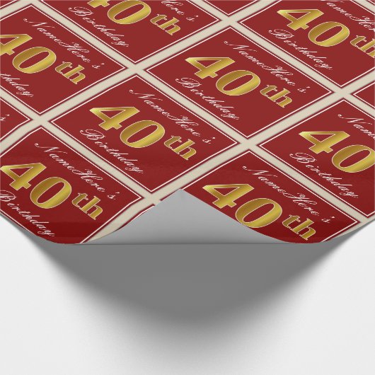 赤エレガント、フェイク金ゴールド40歳、名前をカスタムする ラッピングペーパー (角)