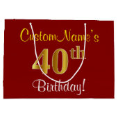 赤エレガント、フェイク金ゴールド40歳、名前をカスタムする ラージペーパーバッグ (裏面)