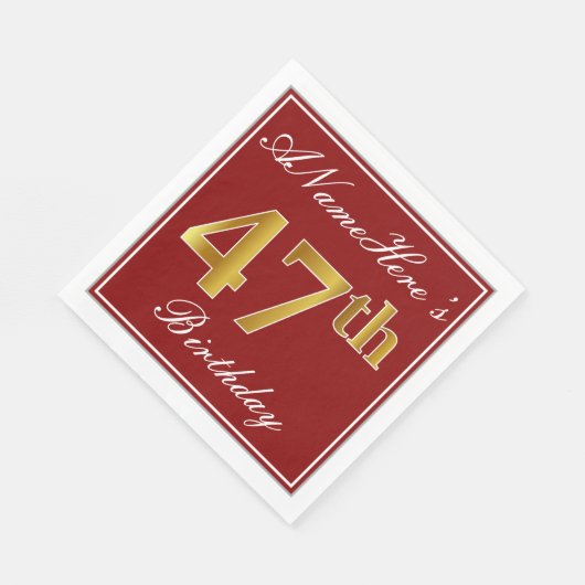赤エレガント、フェイク金ゴールド47番目の誕生日+名前をカスタムする スタンダードランチョンナプキン (角)
