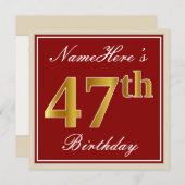 赤エレガント、フェイク金ゴールド47番目の誕生日、名前をカスタムする 招待状 (正面/裏面)