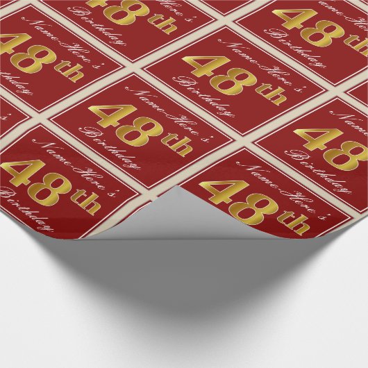 赤エレガント、フェイク金ゴールド48番目の誕生日、名前をカスタムする ラッピングペーパー (角)