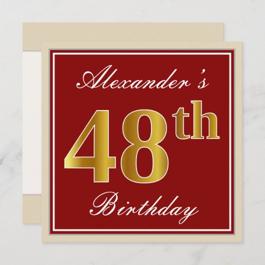 赤エレガント、フェイク金ゴールド48番目の誕生日、名前をカスタムする 招待状 (正面/裏面)