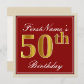 赤エレガント、フェイク金ゴールド50誕生日、名前をカスタムする 招待状 (正面/裏面)
