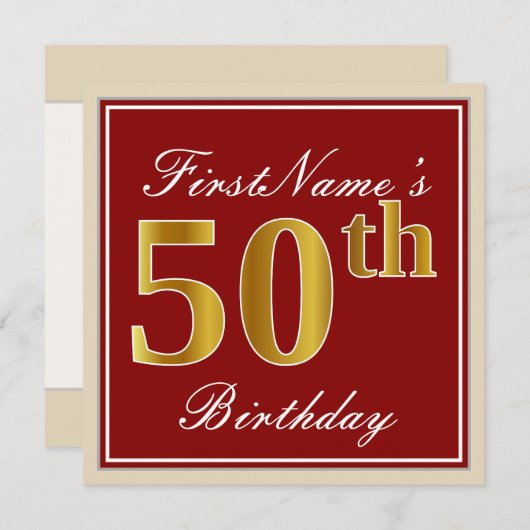 赤エレガント、フェイク金ゴールド50誕生日、名前をカスタムする 招待状 (正面/裏面)