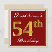 赤エレガント、フェイク金ゴールド54番目の誕生日、名前をカスタムする 招待状 (正面/裏面)