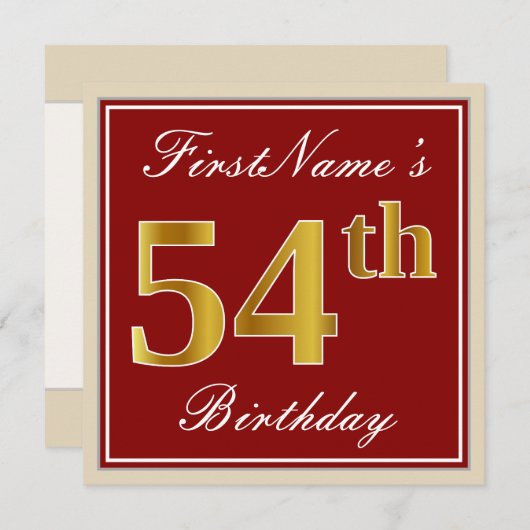 赤エレガント、フェイク金ゴールド54番目の誕生日、名前をカスタムする 招待状 (正面/裏面)