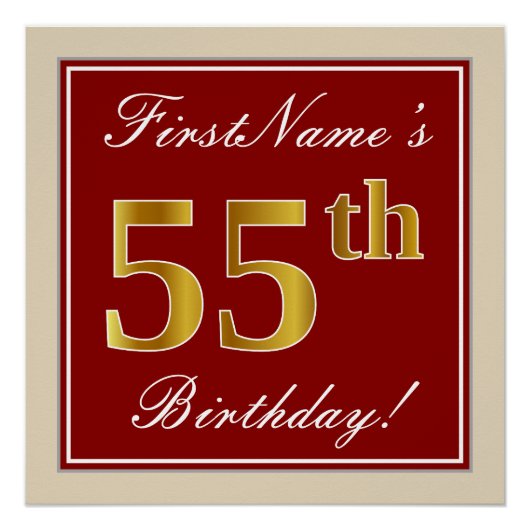赤エレガント、フェイク金ゴールド55番目の誕生日、名前をカスタムする ポスター (正面)