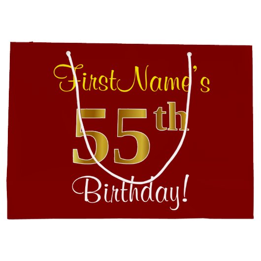 赤エレガント、フェイク金ゴールド55番目の誕生日、名前をカスタムする ラージペーパーバッグ (裏面)