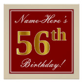 赤エレガント、フェイク金ゴールド56番目の誕生日、名前をカスタムする ポスター (正面)