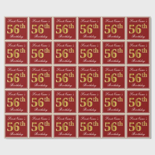 赤エレガント、フェイク金ゴールド56番目の誕生日、名前をカスタムする ラッピングペーパー (フラット)