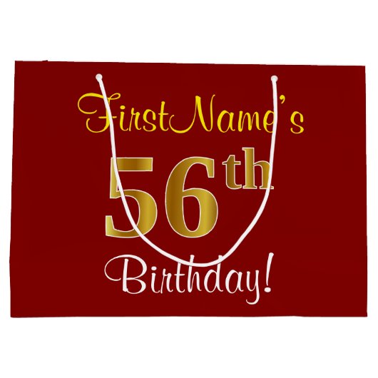 赤エレガント、フェイク金ゴールド56番目の誕生日、名前をカスタムする ラージペーパーバッグ (裏面)