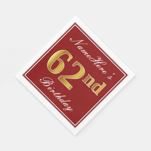 赤エレガント、フェイク金ゴールド62番目の誕生日+名前をカスタムする スタンダードランチョンナプキン (角)