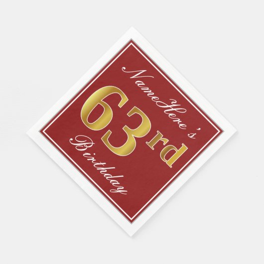赤エレガント、フェイク金ゴールド63番目の誕生日+名前をカスタムする スタンダードランチョンナプキン (角)