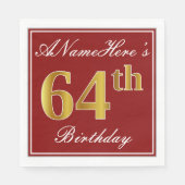 赤エレガント、フェイク金ゴールド64番目の誕生日+名前をカスタムする スタンダードランチョンナプキン (正面)