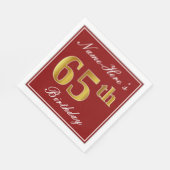 赤エレガント、フェイク金ゴールド65番目の誕生日+名前をカスタムする スタンダードランチョンナプキン (角)