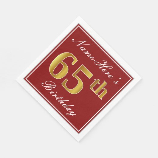 赤エレガント、フェイク金ゴールド65番目の誕生日+名前をカスタムする スタンダードランチョンナプキン (角)