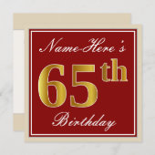 赤エレガント、フェイク金ゴールド65番目の誕生日、名前をカスタムする 招待状 (正面/裏面)