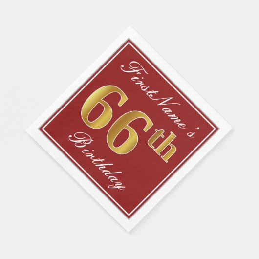 赤エレガント、フェイク金ゴールド66番目の誕生日+名前をカスタムする スタンダードランチョンナプキン (角)