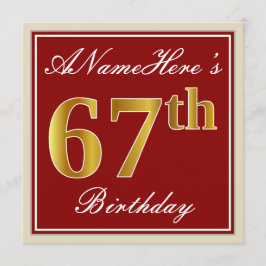 赤エレガント、フェイク金ゴールド67番目の誕生日、名前をカスタムする 招待状