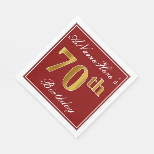赤エレガント、フェイク金ゴールド70番目の誕生日+名前をカスタムする スタンダードランチョンナプキン (角)