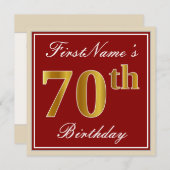 赤エレガント、フェイク金ゴールド70誕生日、名前をカスタムする 招待状 (正面/裏面)