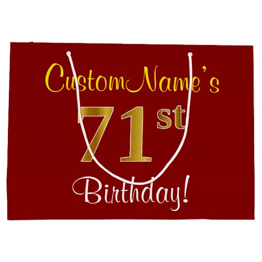 赤エレガント、フェイク金ゴールド71番目の誕生日、名前をカスタムする ラージペーパーバッグ (裏面)