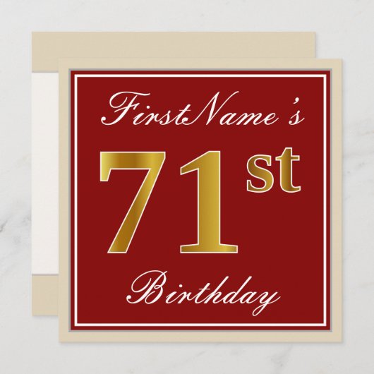 赤エレガント、フェイク金ゴールド71番目の誕生日、名前をカスタムする 招待状 (正面/裏面)