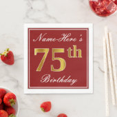赤エレガント、フェイク金ゴールド75番目の誕生日+名前をカスタムする スタンダードランチョンナプキン (インサイチュ)