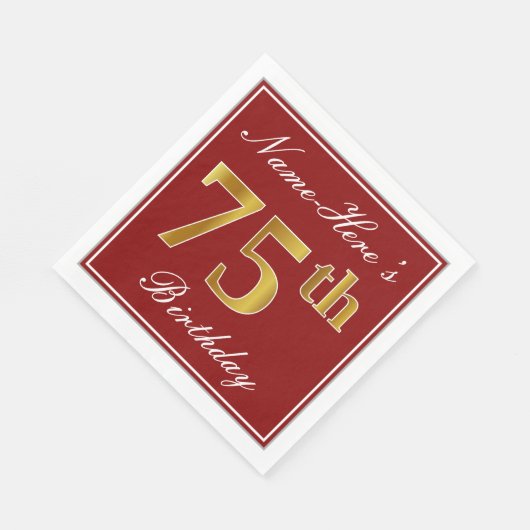赤エレガント、フェイク金ゴールド75番目の誕生日+名前をカスタムする スタンダードランチョンナプキン (角)