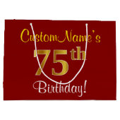 赤エレガント、フェイク金ゴールド75誕生日、名前をカスタムする ラージペーパーバッグ (裏面)