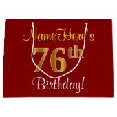 赤エレガント、フェイク金ゴールド76番目の誕生日、名前をカスタムする ラージペーパーバッグ (正面)