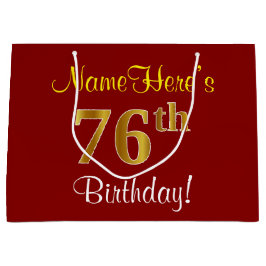 赤エレガント、フェイク金ゴールド76番目の誕生日、名前をカスタムする ラージペーパーバッグ