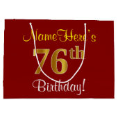 赤エレガント、フェイク金ゴールド76番目の誕生日、名前をカスタムする ラージペーパーバッグ (裏面)