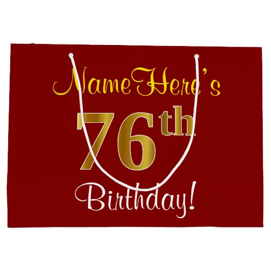 赤エレガント、フェイク金ゴールド76番目の誕生日、名前をカスタムする ラージペーパーバッグ (裏面)