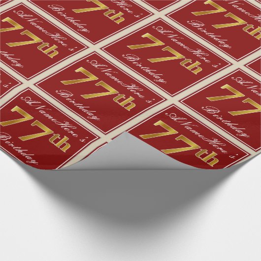 赤エレガント、フェイク金ゴールド77番目の誕生日、名前をカスタムする ラッピングペーパー (角)