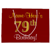 赤エレガント、フェイク金ゴールド79誕生日、名前をカスタムする ラージペーパーバッグ (裏面)