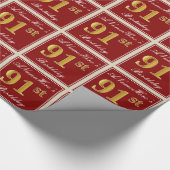 赤エレガント、フェイク金ゴールド91番目の誕生日、名前をカスタムする ラッピングペーパー (角)