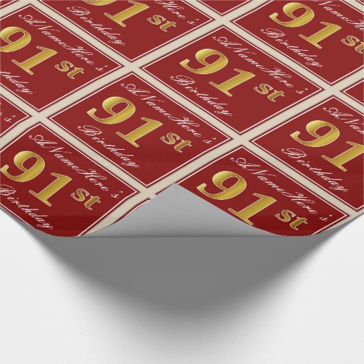 赤エレガント、フェイク金ゴールド91番目の誕生日、名前をカスタムする ラッピングペーパー (角)