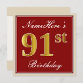 赤エレガント、フェイク金ゴールド91番目の誕生日、名前をカスタムする 招待状 (正面/裏面)