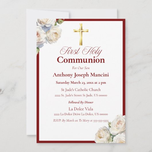 赤エレガント/金ゴールド聖餐式招待状 招待状 (正面)