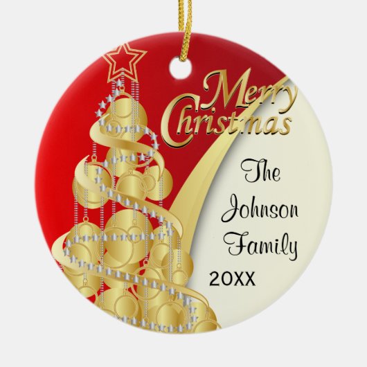 赤エレガント、金ゴールド、白のクリスマス | DIY写真 セラミックオーナメント (正面)
