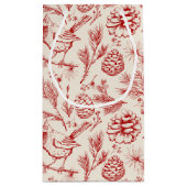 赤エレガント（鳥）ショウジョウコウカンチョウの鳥、松と冬の果実 スモールペーパーバッグ (裏面)