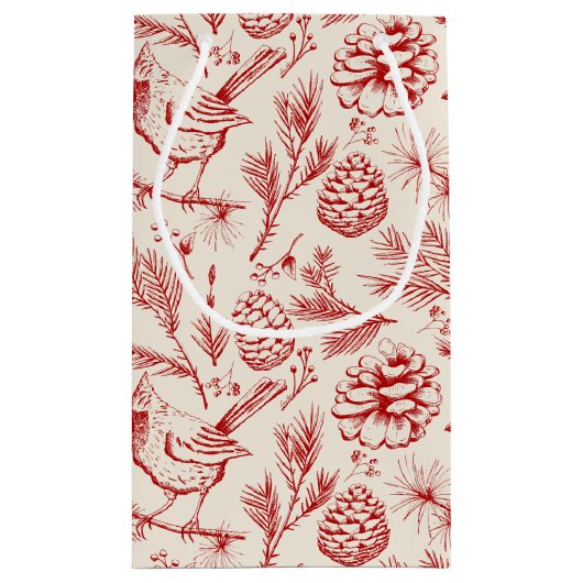 赤エレガント（鳥）ショウジョウコウカンチョウの鳥、松と冬の果実 スモールペーパーバッグ (裏面)
