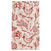 赤エレガント（鳥）ショウジョウコウカンチョウの鳥、松と冬の果実 スモールペーパーバッグ (正面)